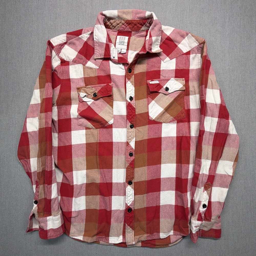 Topo Designs Mens Flannel Red White Check Buffalo Plaid Button Up Size XXL